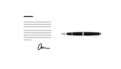 Naklejka premium Official legal paper document with lines of text and signature next to a black fountain pen on a white background.