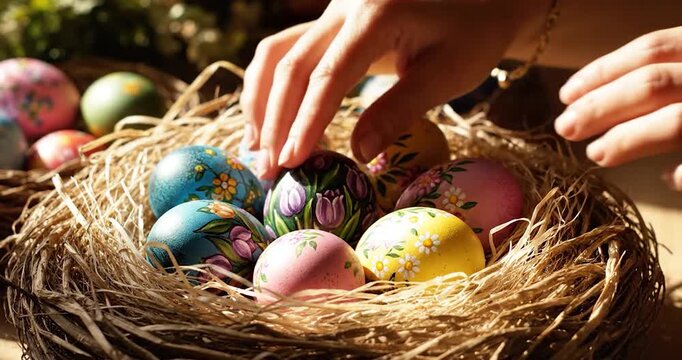 Hands placing colorful hand-painted Easter eggs with floral patterns into a straw nest during sunny spring holiday preparation.
