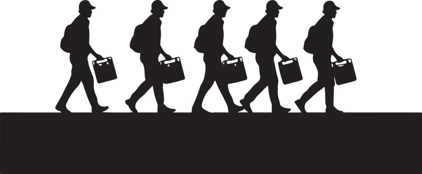 Silhouette of five businessmen walking in a line briefcases