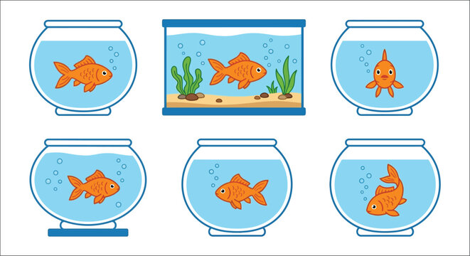Goldfish in aquariums a vector illustration with blue and orange tones aquarium fishbowl carassius fish aquatic life water bubbles flat design cartoon graphic pet animal