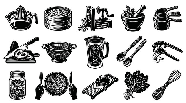 Black and White Line Art Food Kitchen Utensils and Ingredients