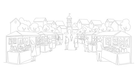 Obraz premium Artisan Market Scene: Hand-drawn Illustration of Outdoor Stalls and Shoppers in a Village Square
