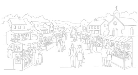 Fototapeta premium Outdoor Artisan Market Scene with People and Stalls in a Village Setting