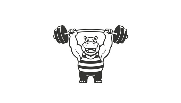 Funny cartoon strong hippo lifting a heavy barbell in a striped gym outfit isolated on a clean white background.