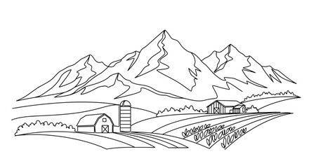 Fototapeta premium Rustic Farm Landscape with Mountains and Barns - Black and White Drawing