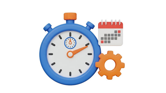 Blue stopwatch icon featuring an orange gear and a small calendar for time management efficiency shown on transparent background