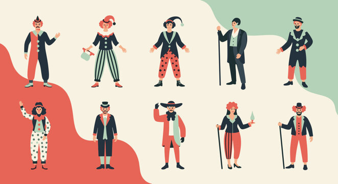 Retro style illustration of various circus performers and clowns in colorful costumes for entertainment and festive event themes.