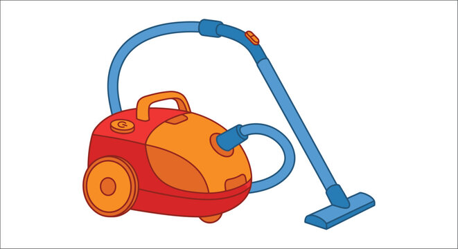 Cartoon vacuum cleaner illustration with orange body and blue hose on a white background cleaning appliance domestic housekeeping dust collector carpet floor style flat vector