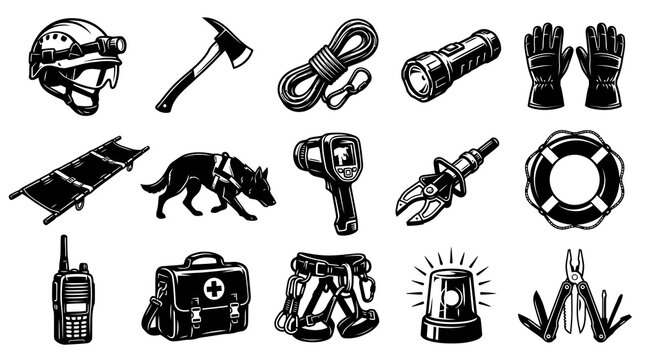 Emergency Services Rescue Equipment Icons Set in Black  White Line Art Style. First Responder Tools Collection.