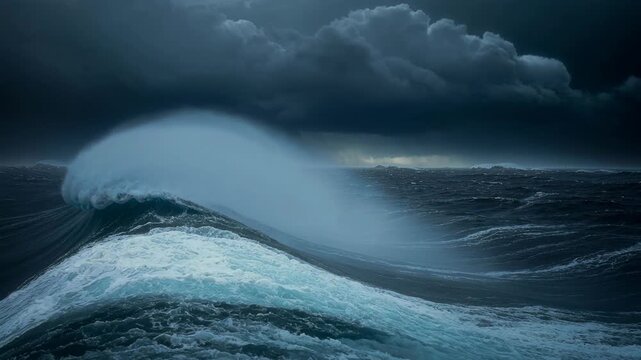 Powerful ocean wave under dark storm clouds with dramatic sea and sky landscape