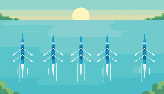 Team of five rowers in sculling boats competing on calm blue water with a beautiful golden sunset in background.