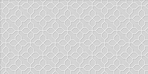 A seamless geometric pattern displaying interconnected raised line motifs against a cool-toned grey textured background. © Sambsadashiv