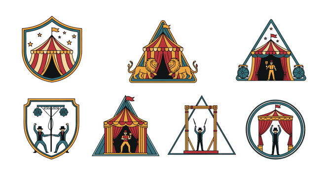 Collection of vintage circus badges and emblems featuring big top tents, trained lions, ringmasters, and performers in various geometric frames.