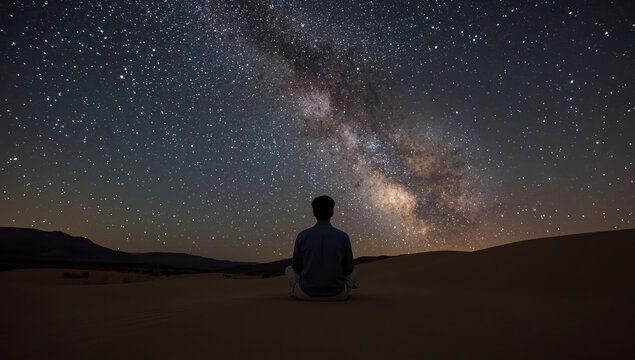 Silhouette of person meditating under Milky Way, serene night sky and desert stars