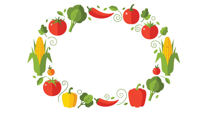 Fresh vegetable wreath containing healthy food items like tomatoes, corn, bell peppers, and chili peppers arranged in a circular frame.
