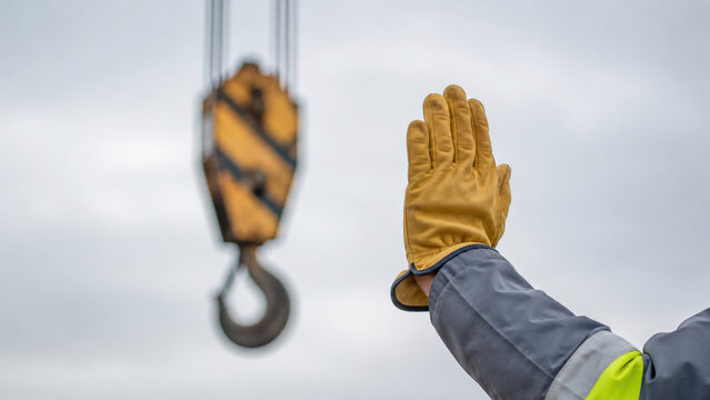 Construction worker signaling crane hook