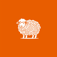 White vector illustration of a cute sheep with spiral wool patterns, isolated on an orange background © Yayagisawa