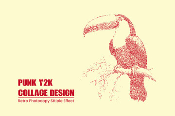 Stipple effect toucan illustration, retro punk y2k collage style graphic design element with red dot shading on a light cream background © MDMahmudul