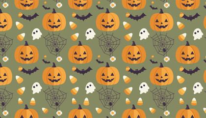 Fototapeta premium Fun halloween seamless pattern filled with smiling jack o lanterns, black bats, white ghosts, spiderwebs, and candy corn on green background.