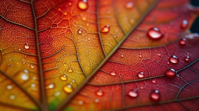 Detailed cinematic macro video of a maple leaf with autumn colors vibrant reds and golds, glistening with dewdrops