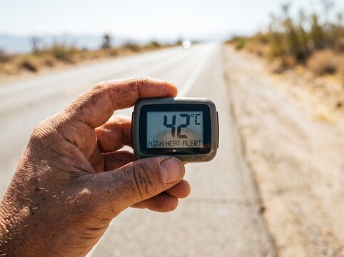 Hand holding digital thermometer showing 42 degrees Celsius on a hot desert road.