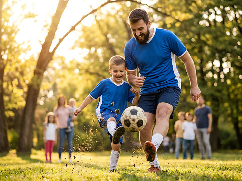 Father and son playing soccer in park. Dad teaching boy football skills. Active family bonding time.