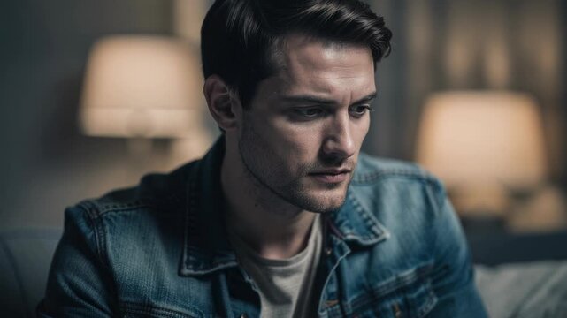 Thoughtful young man sitting indoors with moody lighting wearing denim jacket and casual shirt