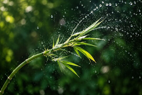 A flexible bamboo branch recoiling, flinging water droplets into the air.