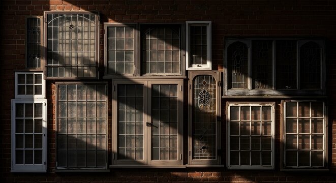 Collection of assorted antique window frames mounted on a textured brick wall with dramatic narrow light beams casting sharp shadows