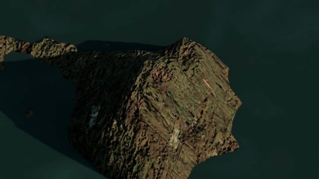 3D Render Aerial Drone Zoom In on Rocky Mossy Island Surrounded by Water