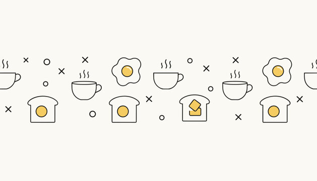 Minimalist seamless border pattern featuring breakfast elements like coffee cups, fried eggs, and buttered toast.