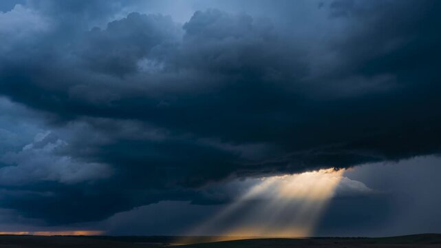 Dramatic storm clouds with sun rays breaking through over a dark landscape at sunset
