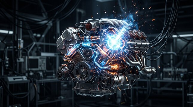 A high-performance futuristic car engine emitting blue light and sparks in a dark industrial laboratory setting with visible wiring and machinery.