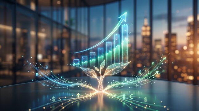 Glowing digital bar chart and upward arrow emerging from a luminous geometric tree, symbolizing sustainable financial growth in a modern office.