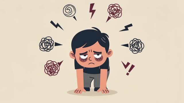 Stressed sad cartoon person overwhelmed with anxiety and negative thoughts illustration