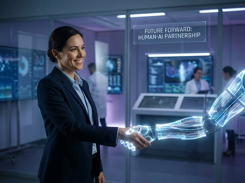 Businesswoman shaking hands with a robot. Human and AI partnership concept. Future tech collaboration.