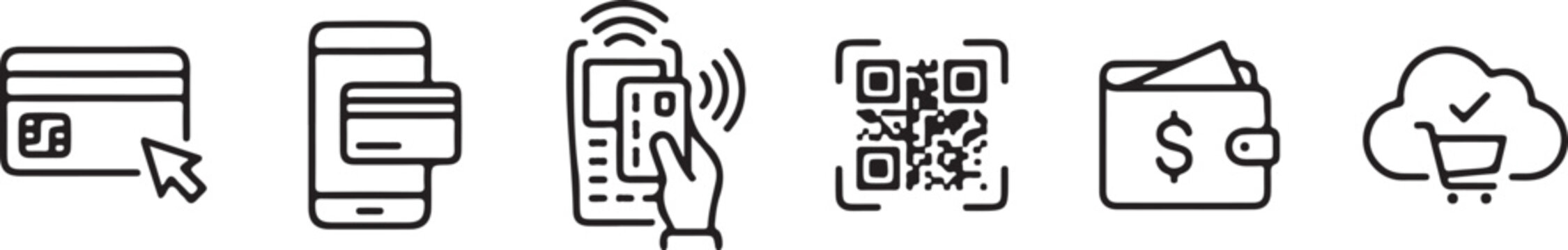 Modern digital payment solutions presented through icons including credit cards, mobile phones, QR codes, and online shopping