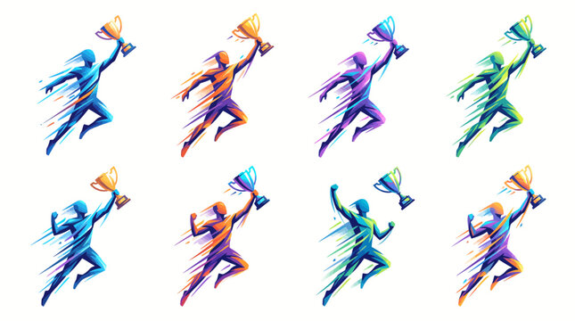 Dynamic, colorful abstract figures celebrating victory with trophies, rendered in a vibrant, energetic style