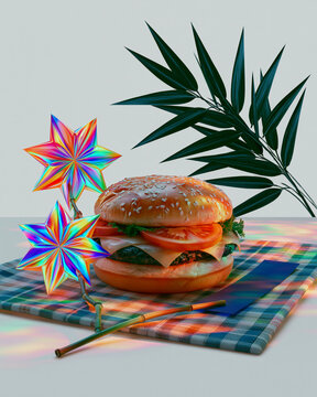 Colorful Hamburger Still Life with Origami Stars and Bamboo Leaves