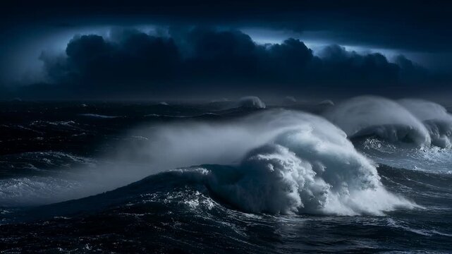 Powerful ocean waves crashing under dark storm clouds with dramatic sea and moody sky