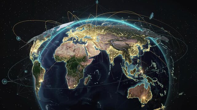 Global digital network connection with illuminated cities and satellite communication technology