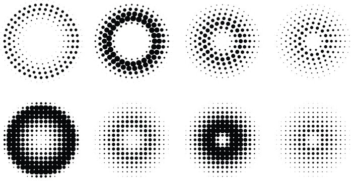 Black halftone radial dot patterns set with circle gradient design elements vector
