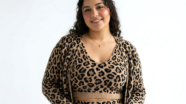 Portrait of a happy young woman wearing a stylish leopard print cardigan 