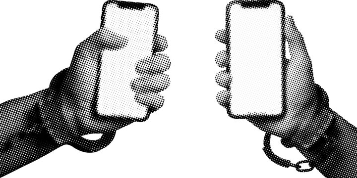 Smartphone addiction concept elements with human hands in handcuffs holding mobile phones isolated on white background