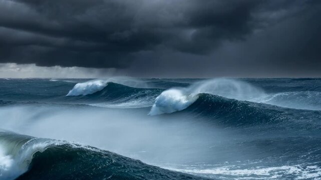 Powerful ocean waves during storm with dark clouds and lightning over rough sea water