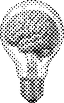 Human brain inside lightbulb halftone dot pattern style concept of creative thinking and innovation isolated on white background