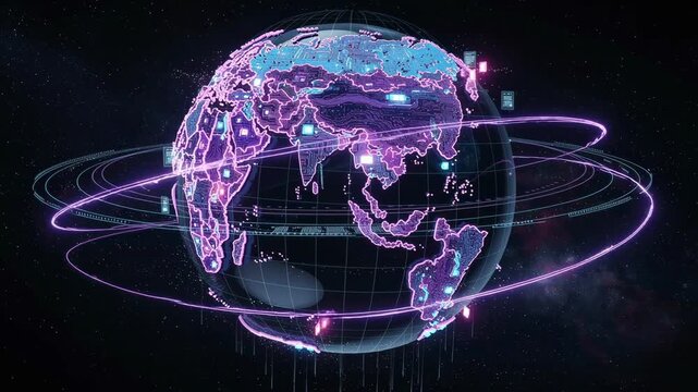 Futuristic digital globe with neon network connections and glowing data points representing global technology and communication