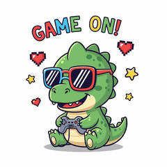 Cute Gaming Dinosaur Wearing Sunglasses Game On Graphic Design © bima