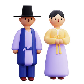 3D Korean Hanbok Couple wearing traditional Joseon dynasty clothing for lunar holiday celebration