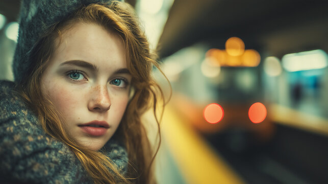 Beautiful Gen Z Caucasian girl standing on subway platform, looking at camera, copy space
